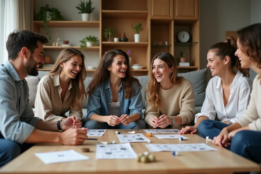 Groupe mixte de jeunes adultes réunis à la maison autour d'une table pour une activité EVJF mixte avec témoins