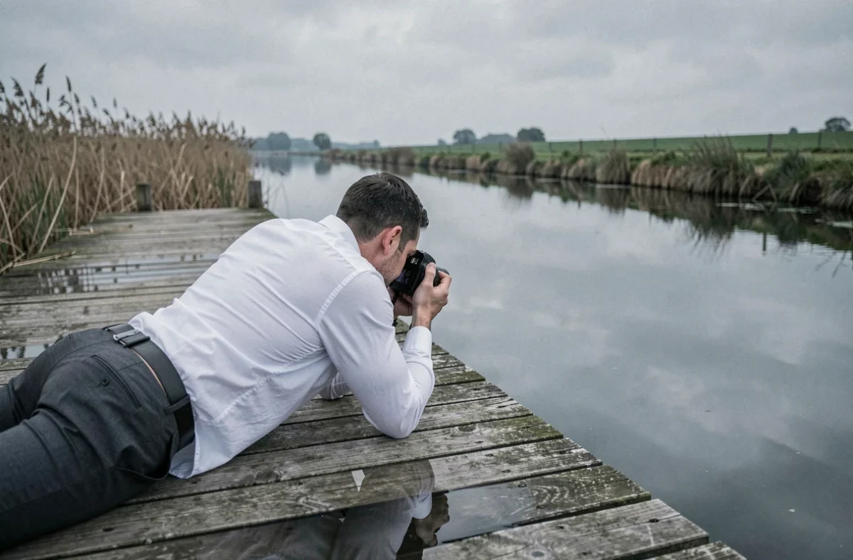 Photographe de mariage allongé sur un ponton en bois au bord d'une rivière normande, capturant un reflet nuptial