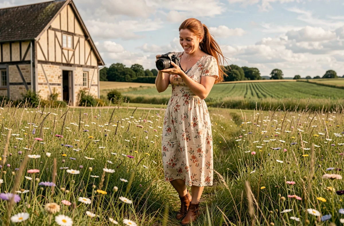 Photographe de mariage féminine dans une prairie de fleurs sauvages en Normandie, consultant ses photos sur appareil