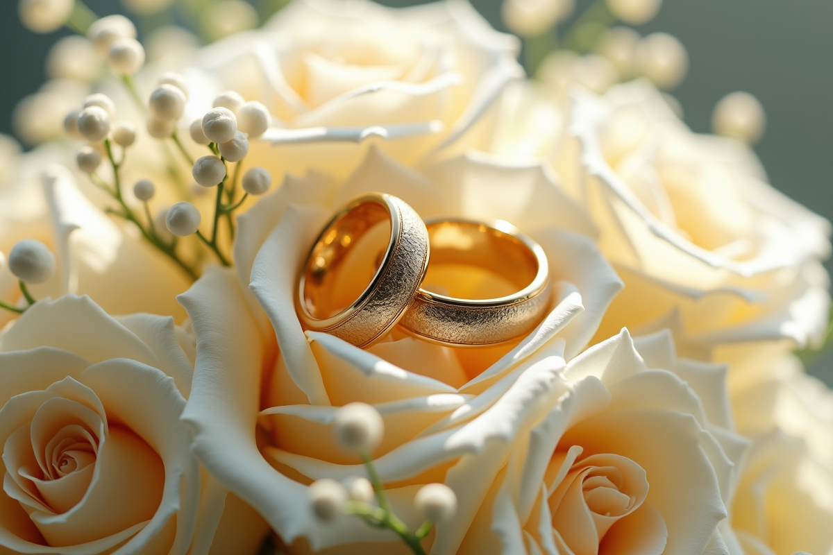 Alliances en or sur un bouquet de roses blanches et gypsophile
