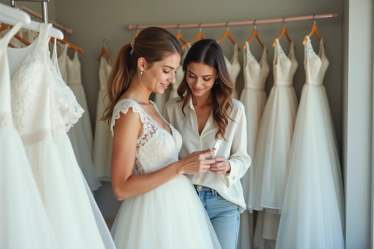 Deux amies en boutique de mariage comparant des robes de mariée abordables et examinant les étiquettes de prix