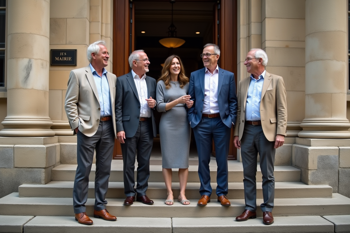 Amis riant après mariage civil devant mairie