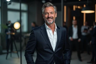 Animateur de télévision en costume marine dans les coulisses d'un studio parisien, portrait éditorial semi-profil