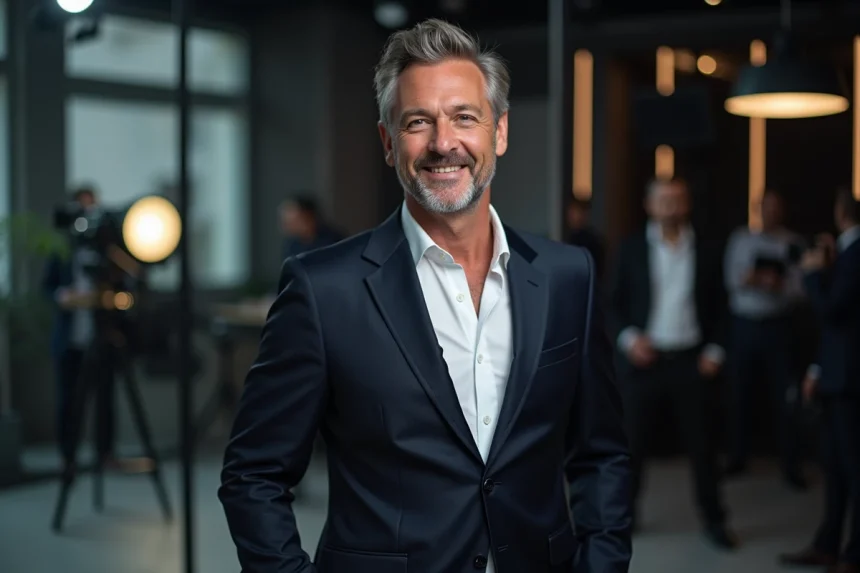Animateur de télévision en costume marine dans les coulisses d'un studio parisien, portrait éditorial semi-profil