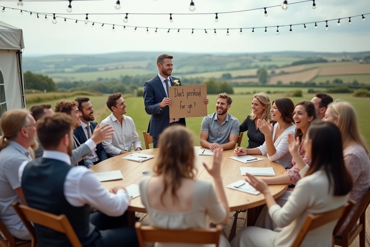 Invités d'un mariage en extérieur participant à une animation collective animée par le témoin autour d'une grande table sur une terrasse champêtre