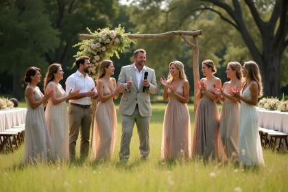 Groupe d'invités réunis en extérieur lors d'un mariage champêtre, écoutant le discours du témoin avec des expressions joyeuses et animées