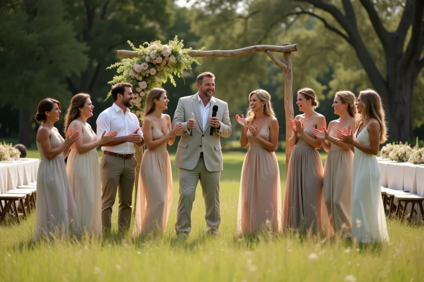 Groupe d'invités réunis en extérieur lors d'un mariage champêtre, écoutant le discours du témoin avec des expressions joyeuses et animées
