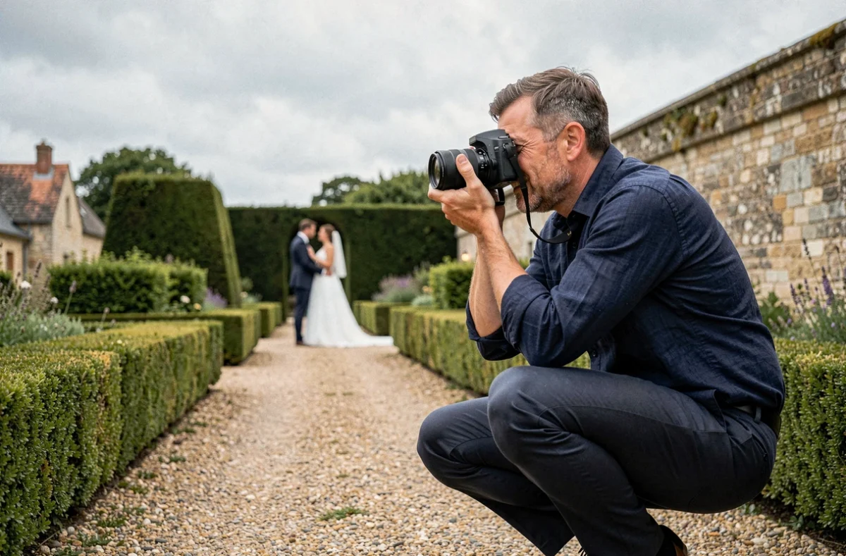 Photographe de mariage professionnel en extérieur dans un jardin de domaine normand, appareil photo à la main