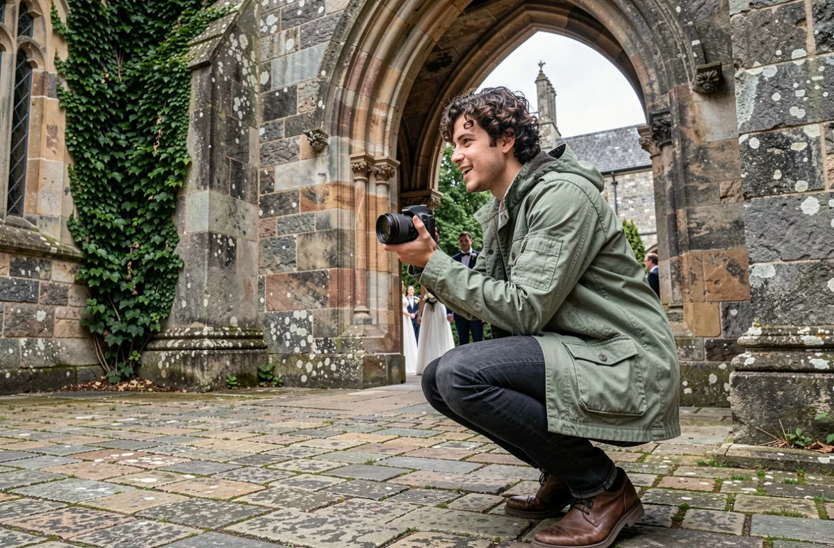 Photographe de mariage masculin actif près d'une arche en pierre normande médiévale, capturant les mariés