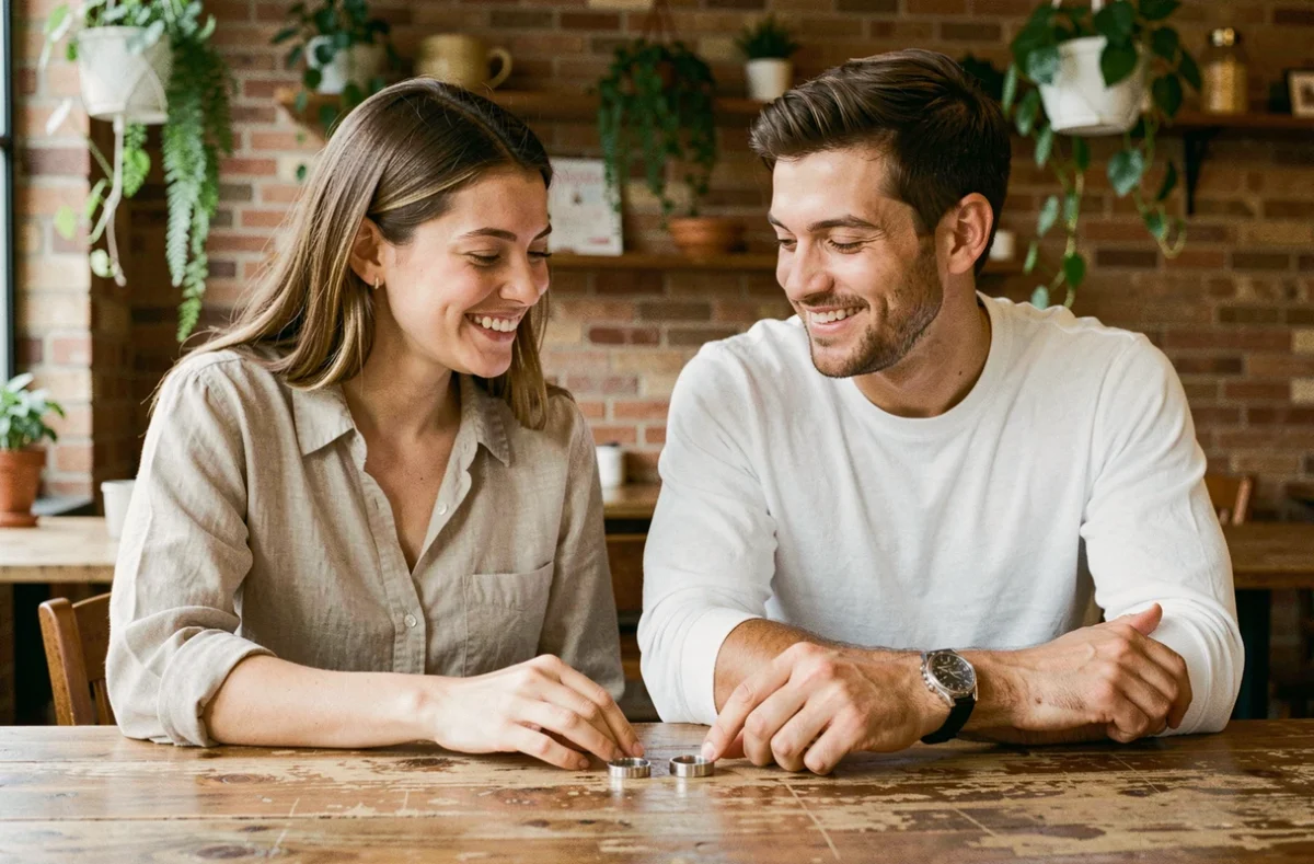 Couple de jeunes adultes dans un café admirant leurs bagues duo assorties posées sur une table en bois