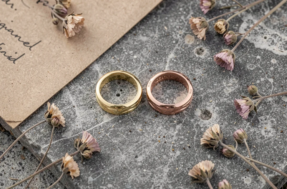 Bagues duo homme femme en or jaune et or rose posées sur une pierre grise entourée de fleurs séchées, vue de dessus
