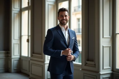 Portrait d'un homme politique français en costume marine dans un intérieur parisien élégant, illustrant la vie personnelle et le statut amoureux de Benjamin Haddad en 2026
