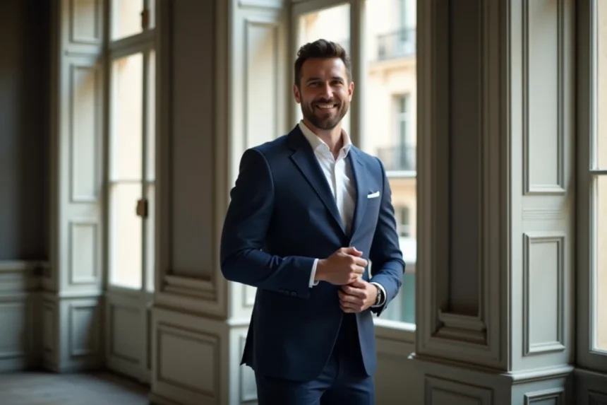 Portrait d'un homme politique français en costume marine dans un intérieur parisien élégant, illustrant la vie personnelle et le statut amoureux de Benjamin Haddad en 2026
