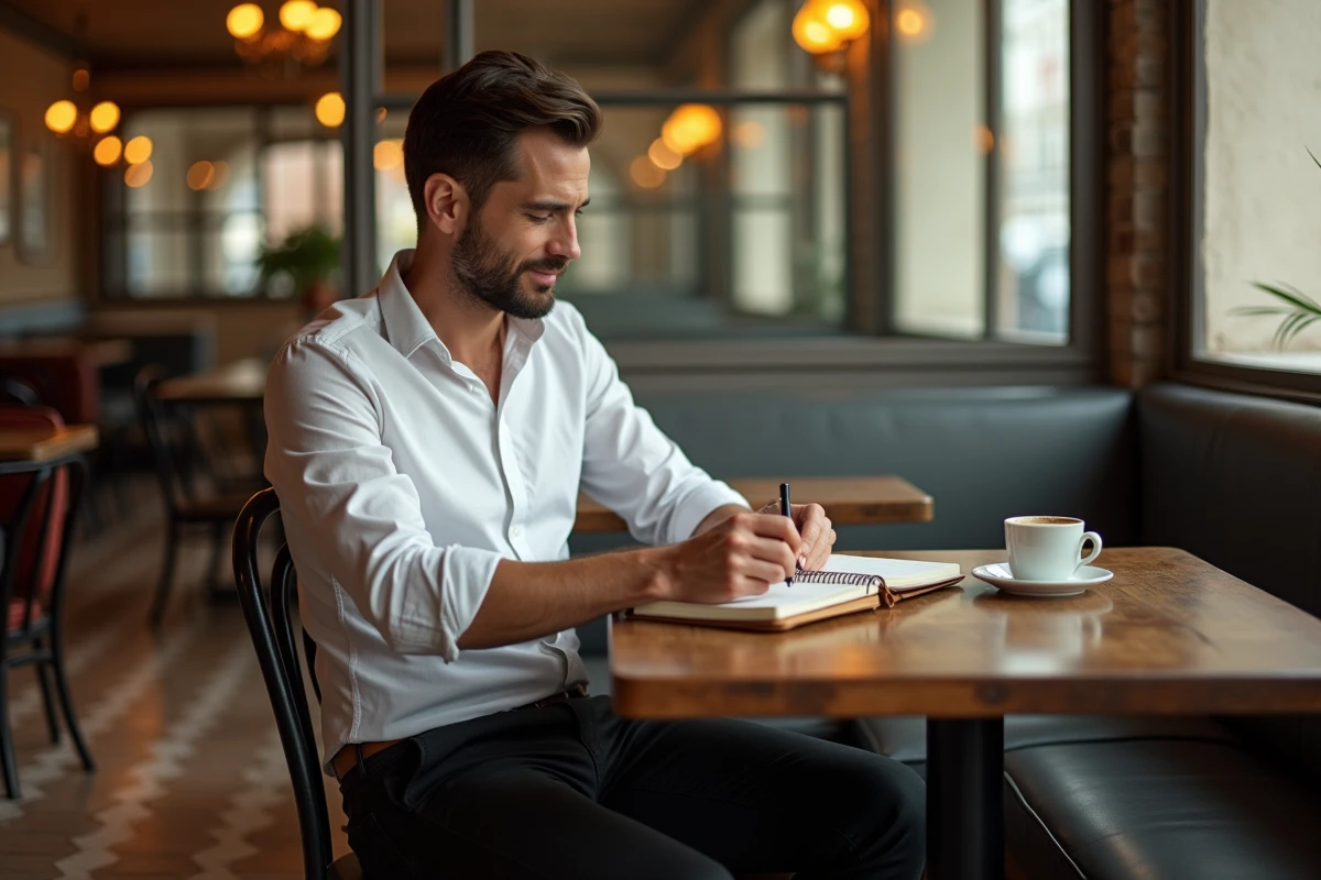 Homme politique français attablé dans une brasserie parisienne classique, illustrant la vie quotidienne et les projets personnels de Benjamin Haddad en 2026