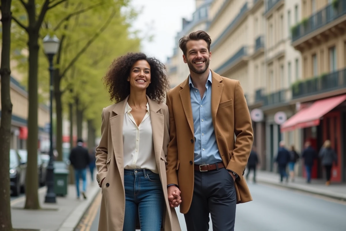 Couple élégant se promenant sur un boulevard parisien au printemps, symbolisant les projets de vie personnelle et de mariage de Benjamin Haddad en 2026