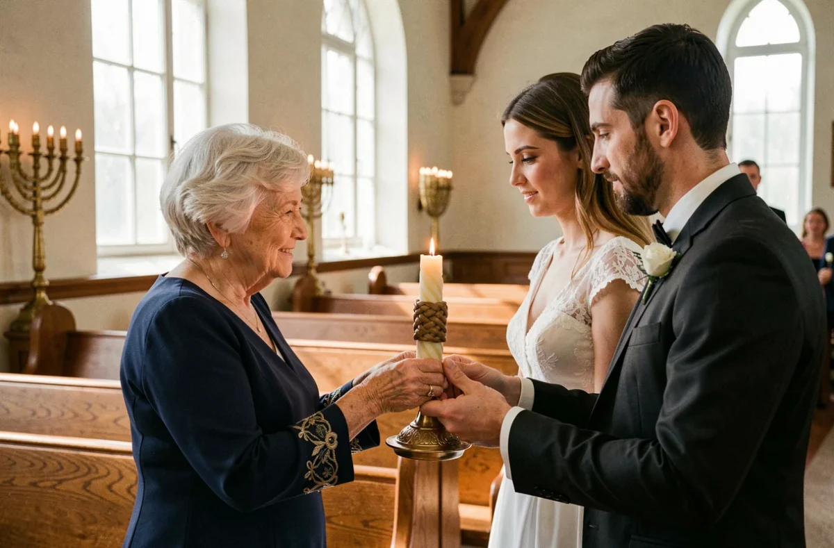 Grand-mère et mariée tenant une bougie de cérémonie ensemble lors d'un mariage juif dans une synagogue en bois