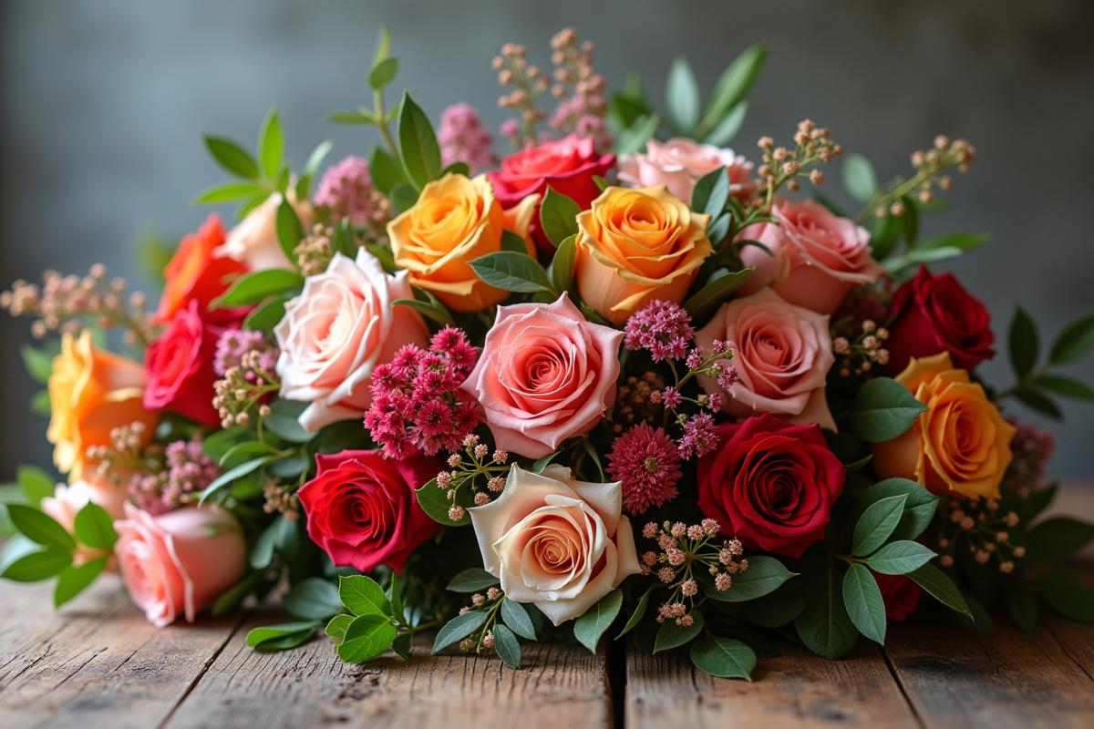 Bouquets de mariage colorés sur une table en bois rustique