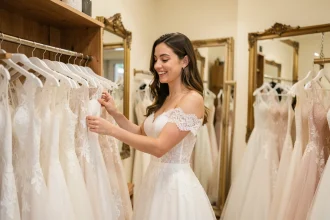 Jeune femme essayant des robes de mariée dans une boutique abordable à Montpellier