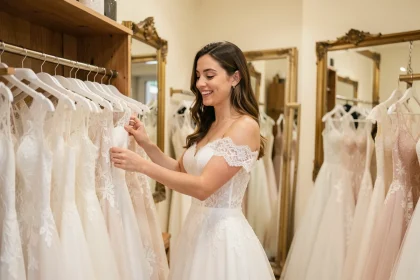 Jeune femme essayant des robes de mariée dans une boutique abordable à Montpellier