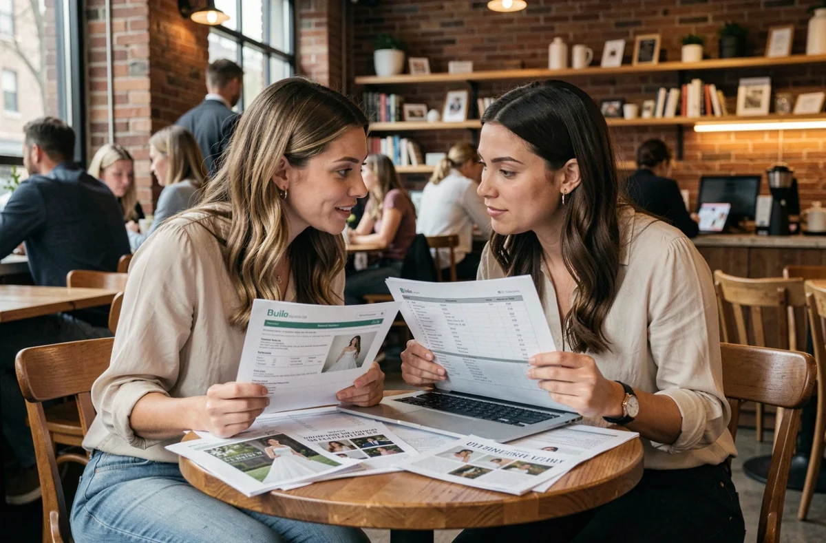 Deux femmes comparant des budgets et témoignages pour le prix d'une robe de mariée dans un café