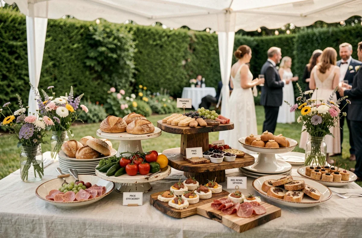 Table de buffet de mariage champêtre et économique avec charcuterie et décorations rustiques pour 100 convives