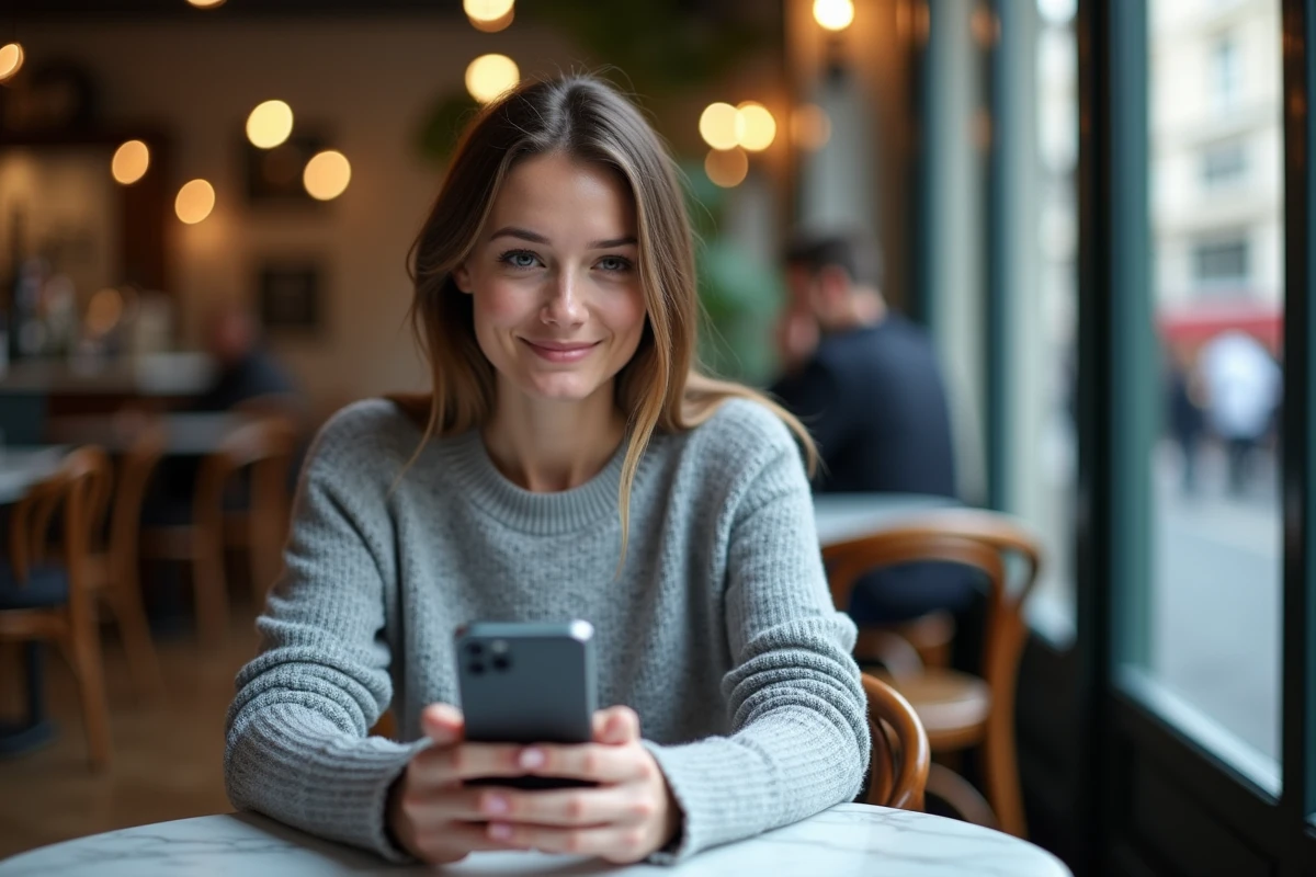 Personne consultant les réseaux sociaux sur smartphone dans un café parisien au sujet d'un mariage médiatique
