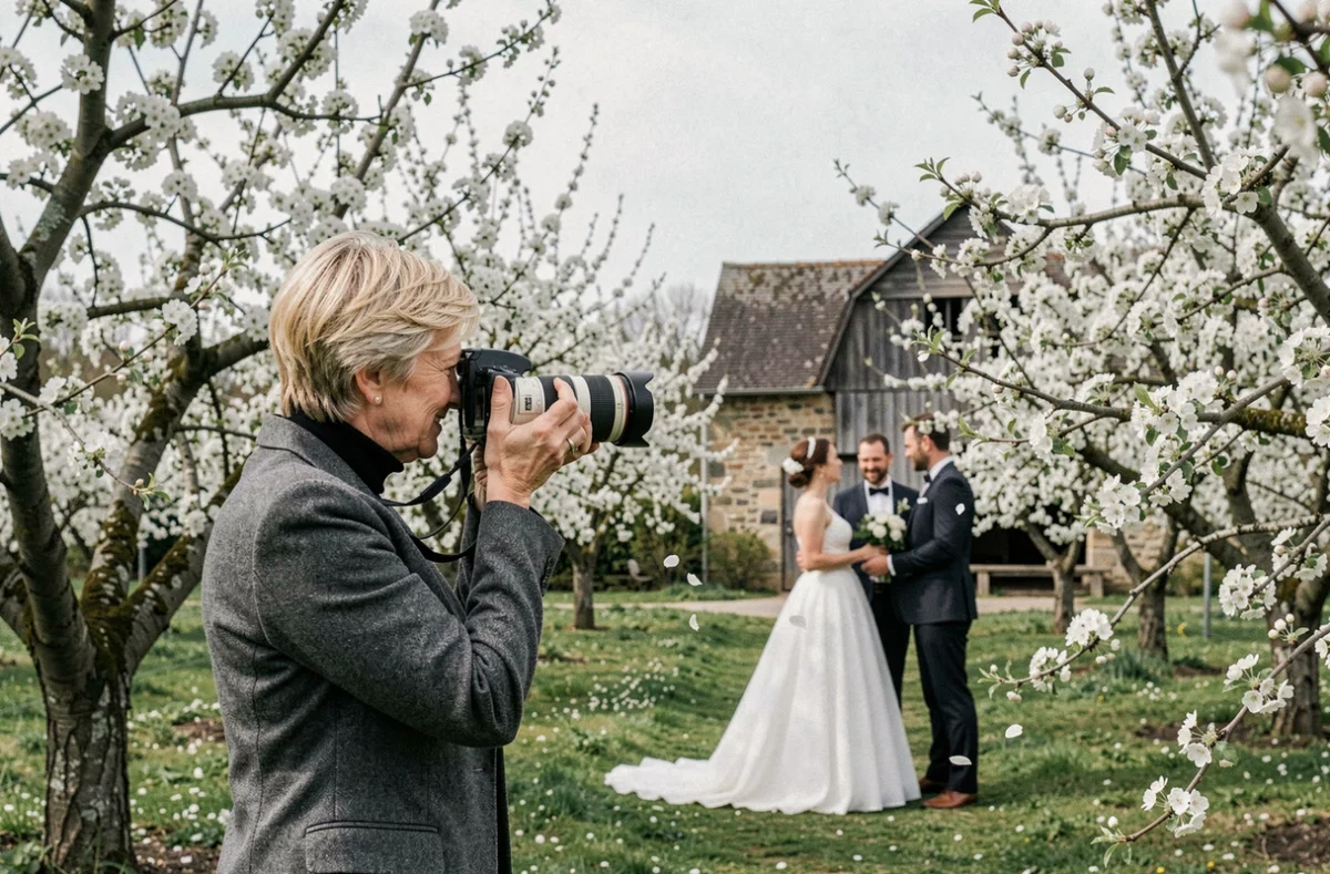 Photographe de mariage professionnelle dans un verger de pommiers en fleurs en Normandie avec objectif téléphoto