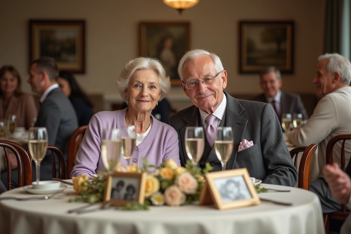 Couple de personnes âgées assis ensemble à une table décorée pour célébrer leurs cinquante ans de vie commune