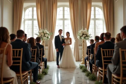 Couple élégant lors d'une cérémonie de mariage dans un lieu parisien classique aux décors dorés et fleurs blanches