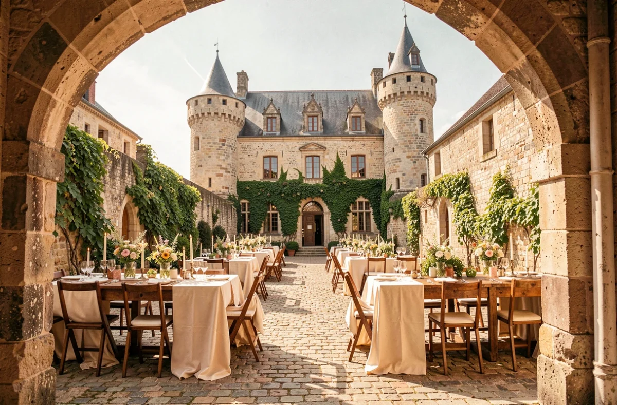 Cour intérieure du Château de Corcelles décorée pour un mariage, avec ses tours médiévales en pierre et ses vignes grimpantes