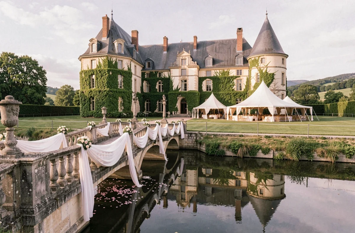 Château du Souzy et son pont d'entrée fleuri au-dessus des douves, préparé pour une réception de mariage dans son parc
