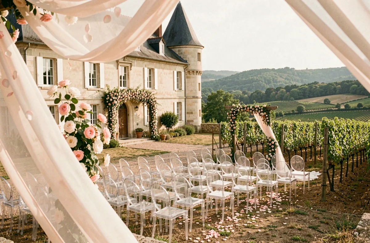 Terrasse vigneronne du Château Rajat avec pergola fleurie et chaises transparentes pour une cérémonie de mariage en plein air