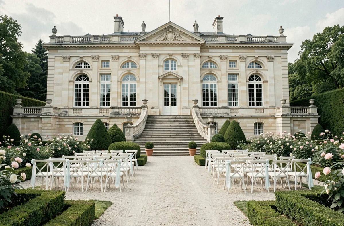 Façade néoclassique et jardins du Château Saint Trys aménagés pour une cérémonie de mariage en plein air près de Lyon
