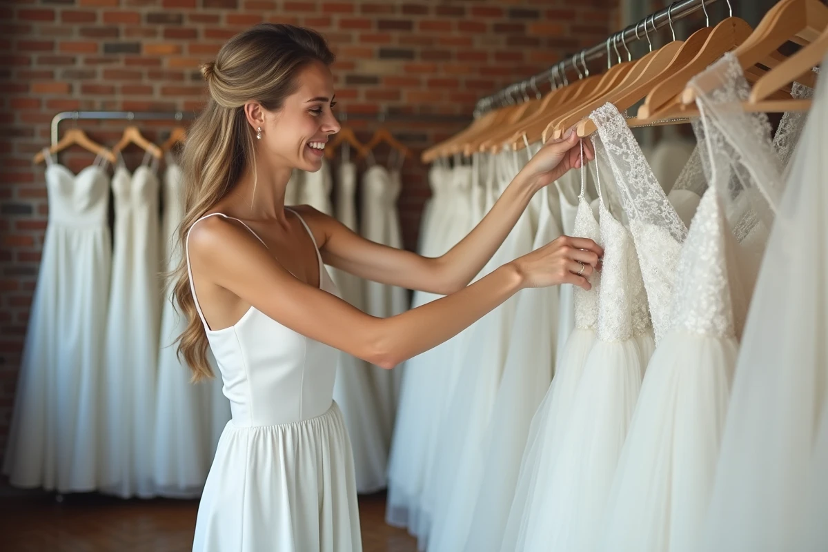 Femme parcourant des robes de mariée pas chères dans une boutique de mariage économique avec des murs en briques