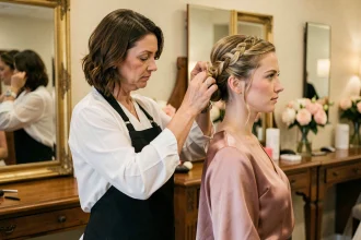 Coiffeuse professionnelle réalisant un chignon élaboré sur une demoiselle d'honneur en robe rose satiné dans un salon de coiffure mariage