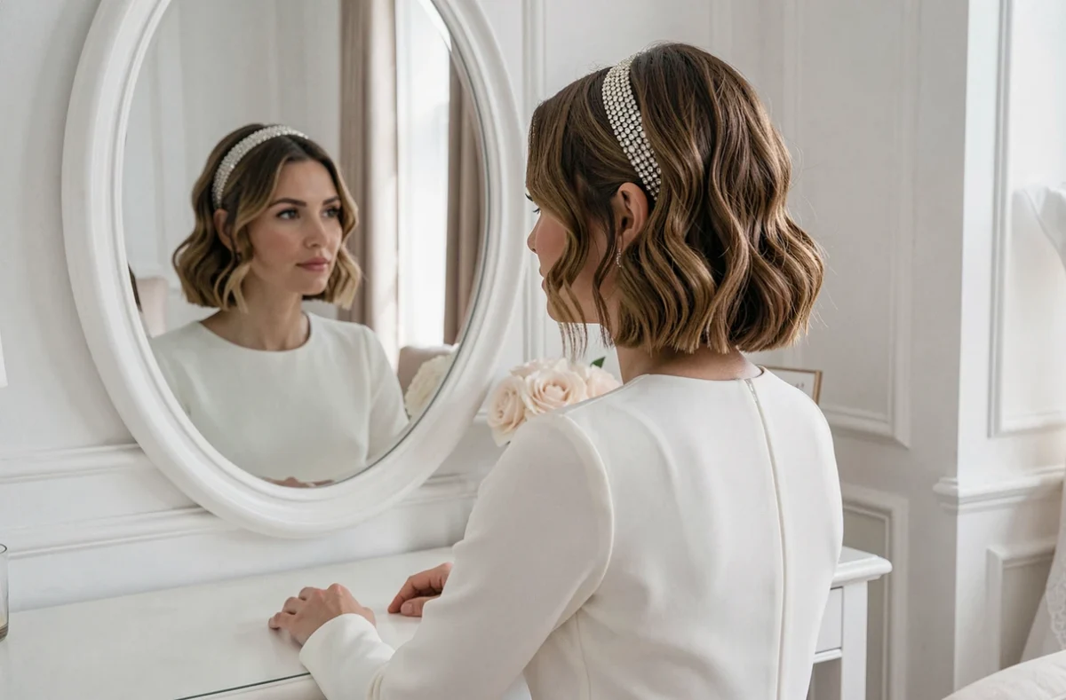 Mariée aux cheveux courts en bob ondulé avec headband strass devant un miroir ovale dans une suite nuptiale