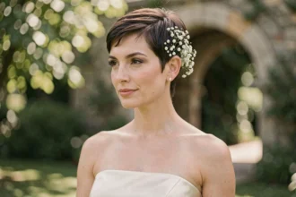Femme avec coiffure courte de mariée ornée d'épingles en perles et fleurs séchées dans un jardin fleuri
