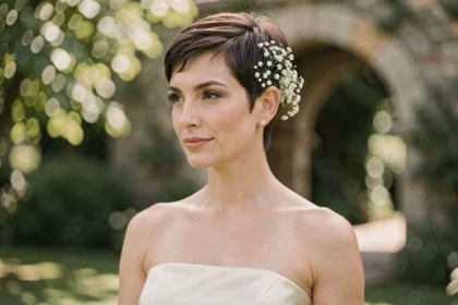 Femme avec coiffure courte de mariée ornée d'épingles en perles et fleurs séchées dans un jardin fleuri
