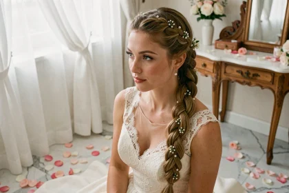 Coiffure natte mariage élégante avec fleurs blanches et épingles en perle sur une mariée en robe ivoire