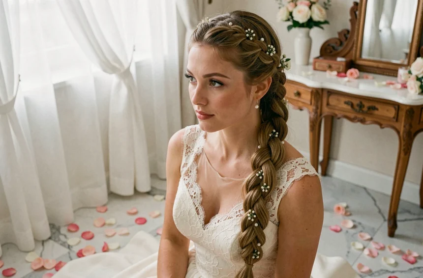 Coiffure natte mariage élégante avec fleurs blanches et épingles en perle sur une mariée en robe ivoire