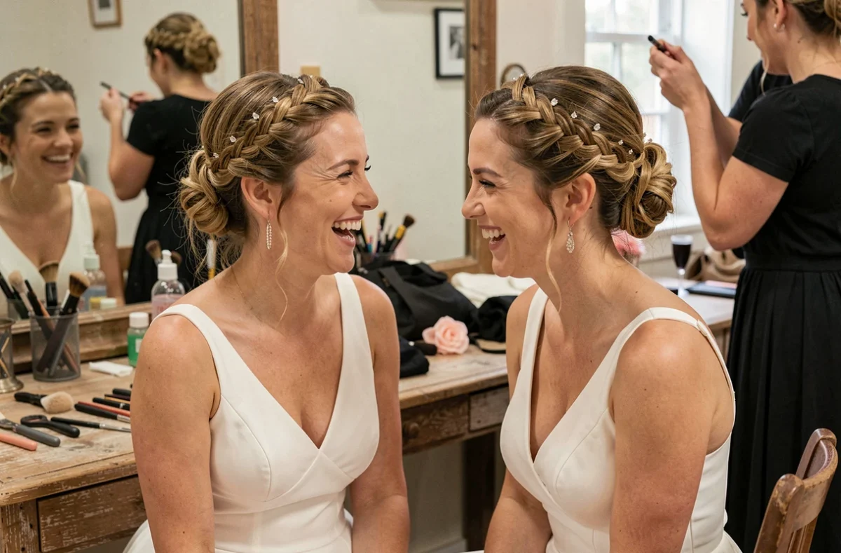 Coiffures nattes updos assortis avec épingles en cristal pour mariée et demoiselle d'honneur lors de la préparation du mariage