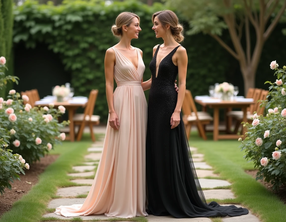 Deux femmes en robes longues de soirée lors d'un mariage en jardin, comparaison entre un choix de tenue adapté et une erreur de style