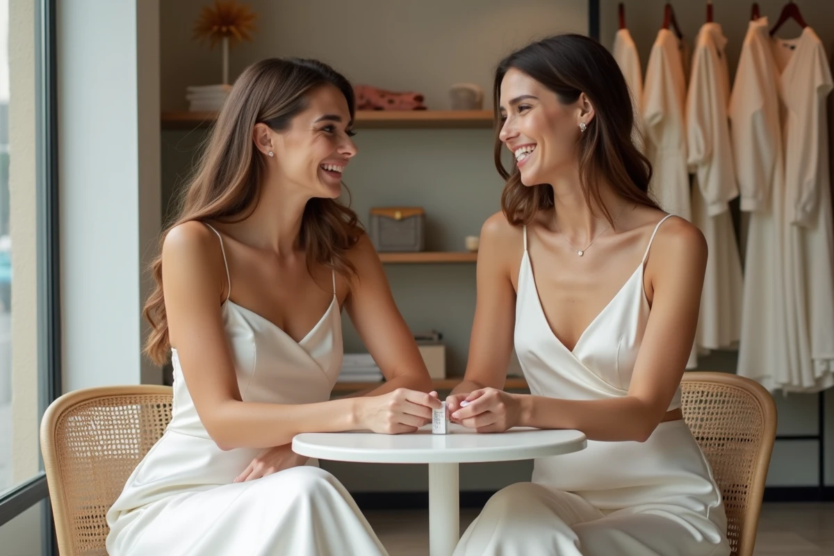Deux amies dans un concept store de robes de mariée à Lyon, réaction de surprise devant le prix abordable d'une robe élégante