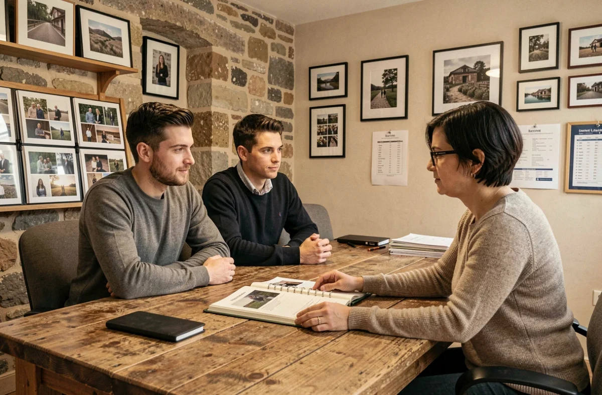 Consultation de tarifs avec une photographe dans un studio à Bayonne, couple discutant d'un projet photo et d'un budget