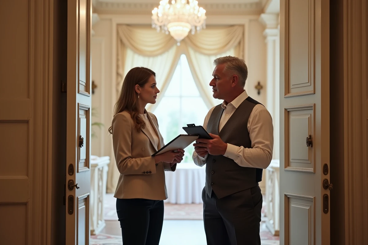 Wedding planner et responsable de salle coordonnant les détails logistiques d'un mariage à l'entrée de la réception