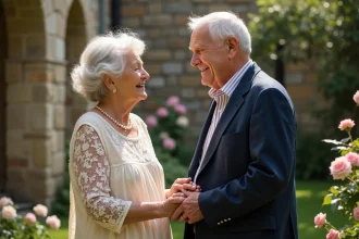 Couple de personnes âgées se tenant la main dans un jardin fleuri pour célébrer leurs 50 ans de mariage
