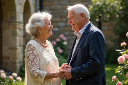 Couple de personnes âgées se tenant la main dans un jardin fleuri pour célébrer leurs 50 ans de mariage