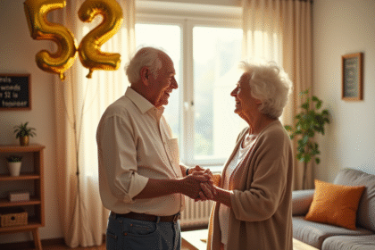 Couple senior souriant main dans la main dans un salon ensoleille