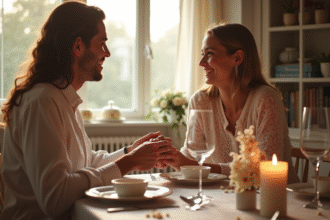 Couple heureux échangeant des cadeaux lors d un dîner romantique