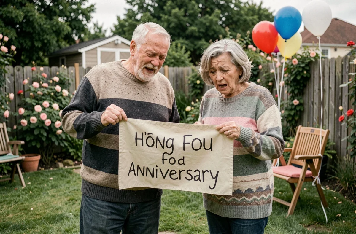 Vieux couple complice dans le jardin tenant une banderole humoristique pour leur anniversaire de mariage avec des ballons colorés